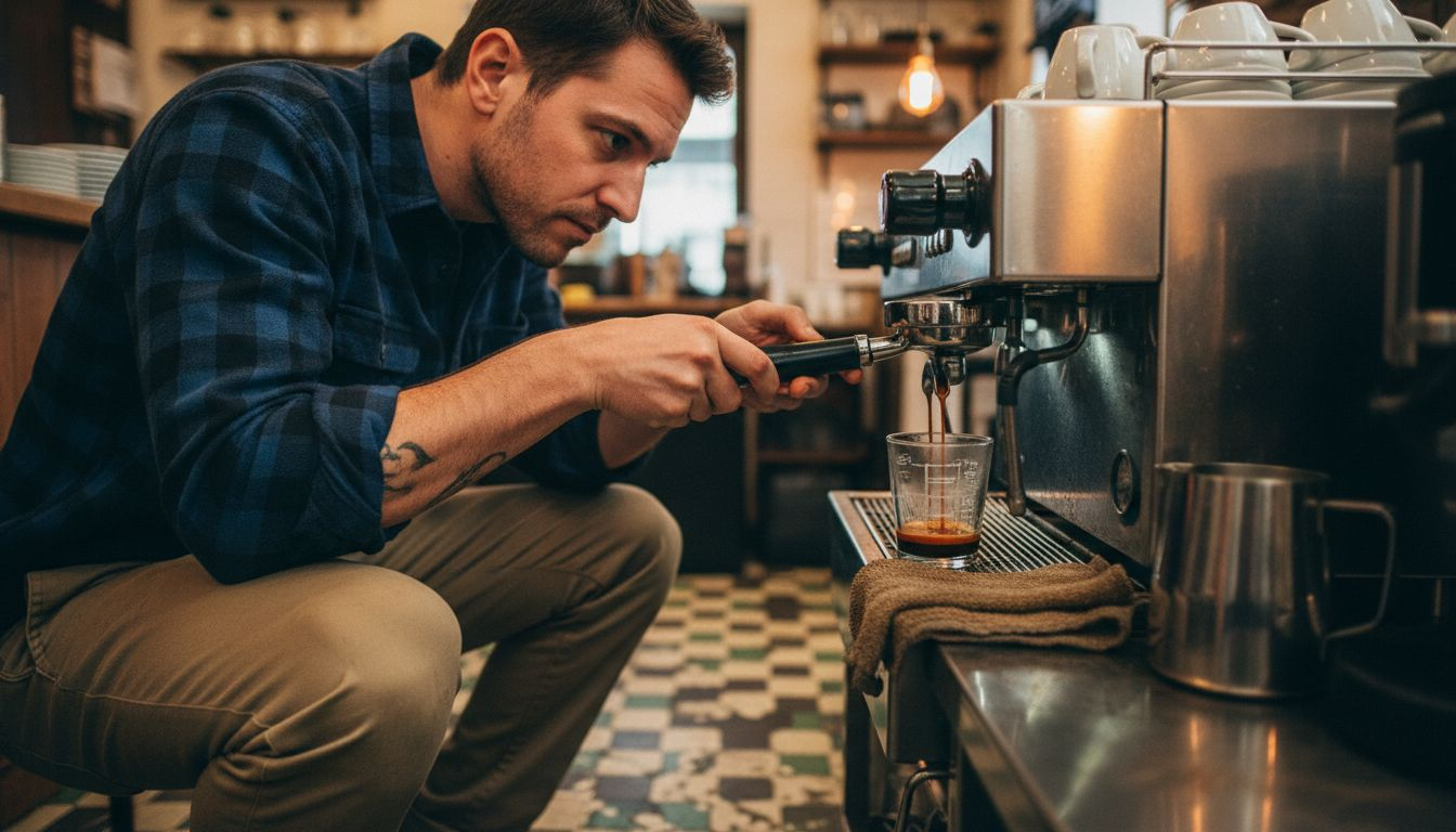 Barista watching espresso extraction from side