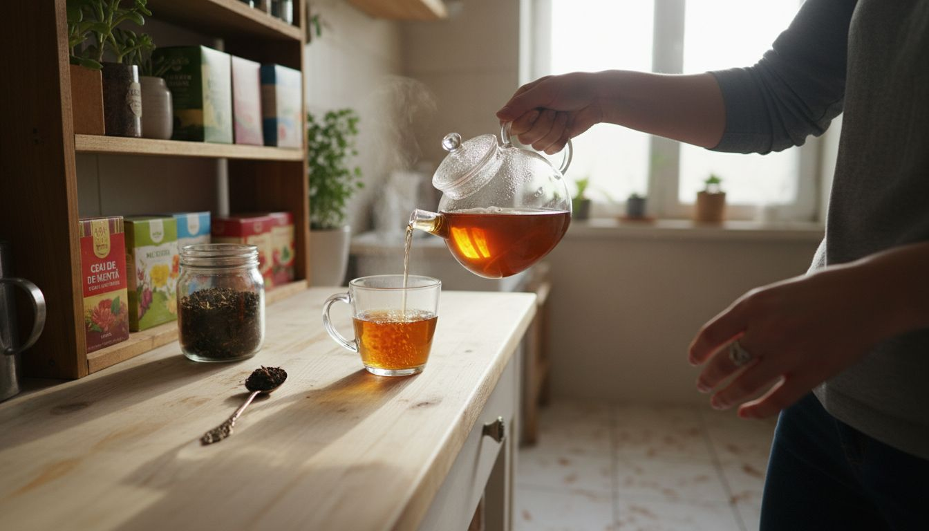 O femeie își prepară cu grijă o ceașcă de ceai din plante culese din natură, bucurându-se de aroma și beneficiile lor.