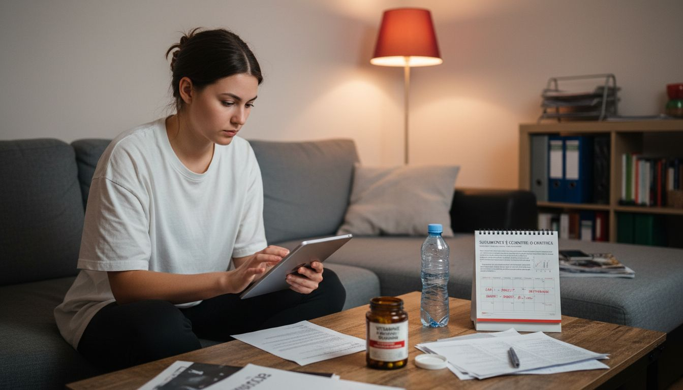 O femeie analizează informații despre suplimente alimentare pe tabletă, căutând cele mai bune opțiuni pentru sănătatea ei.