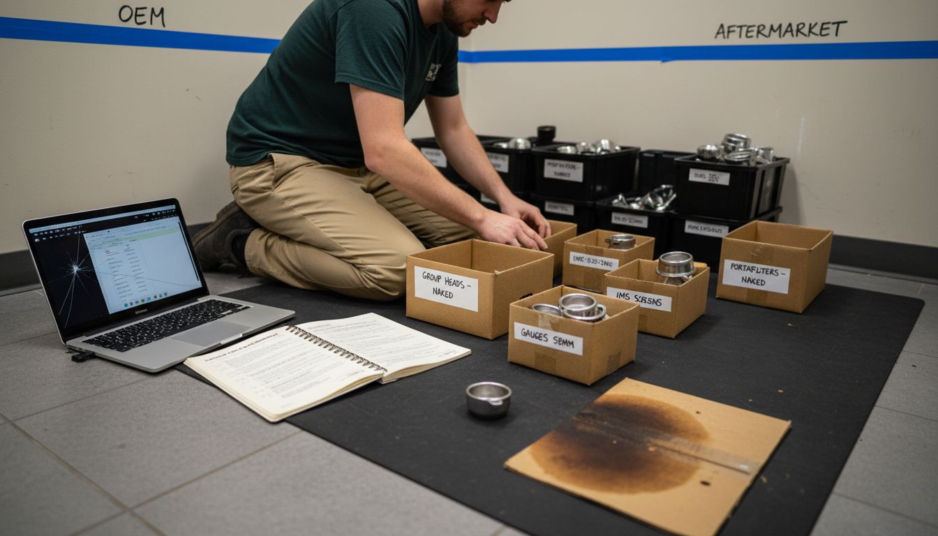 Technician organizing espresso upgrade parts