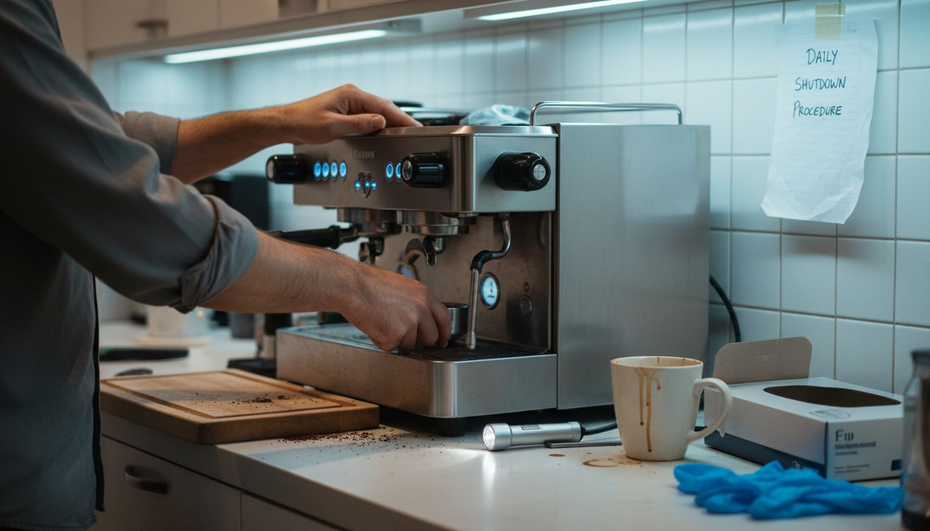 Technician powers down espresso machine safely