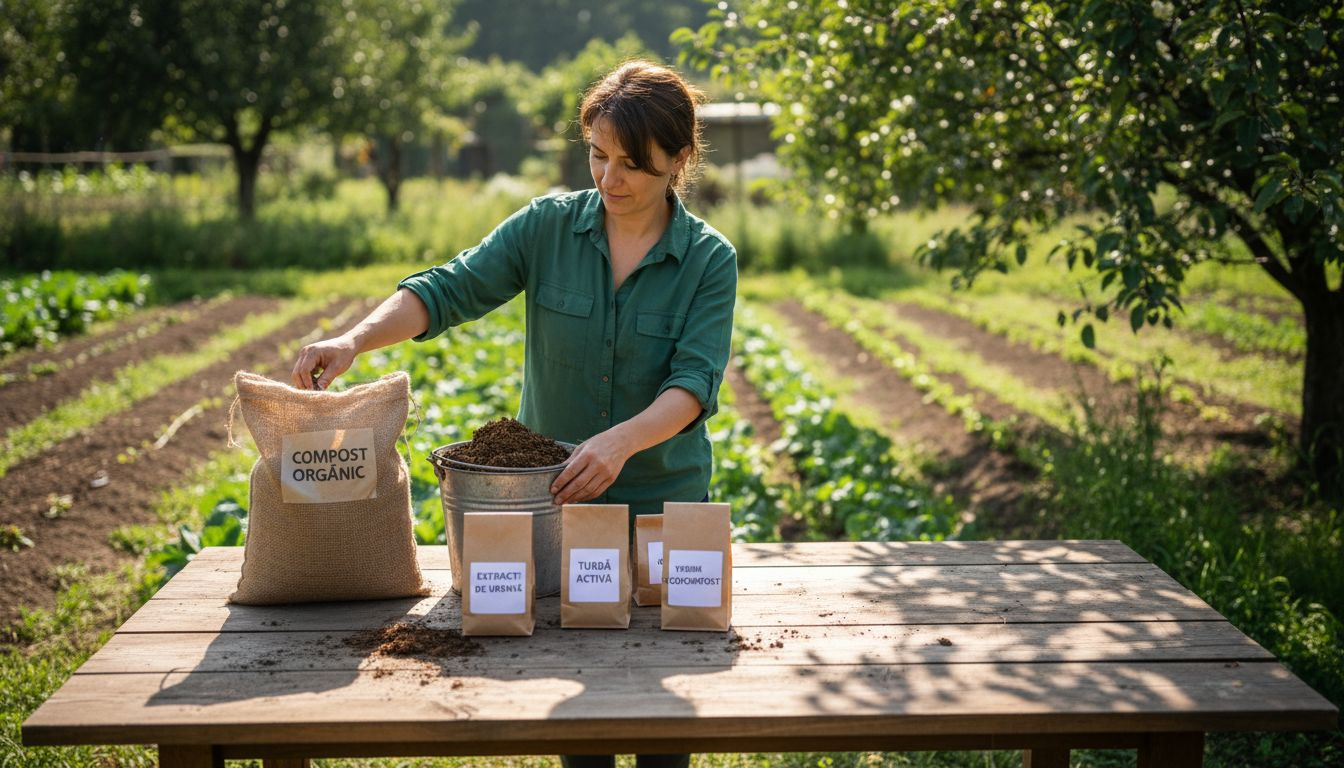 O varietate de fertilizatori organici așezați cu grijă în grădină, gata să hrănească plantele și să le ajute să se dezvolte sănătos.