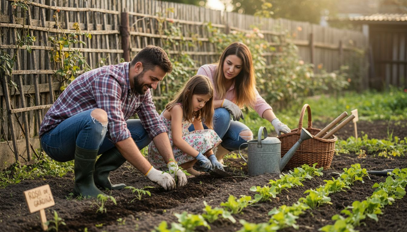 O familie care plantează legume și verdețuri în grădina lor ecologică din spatele casei
