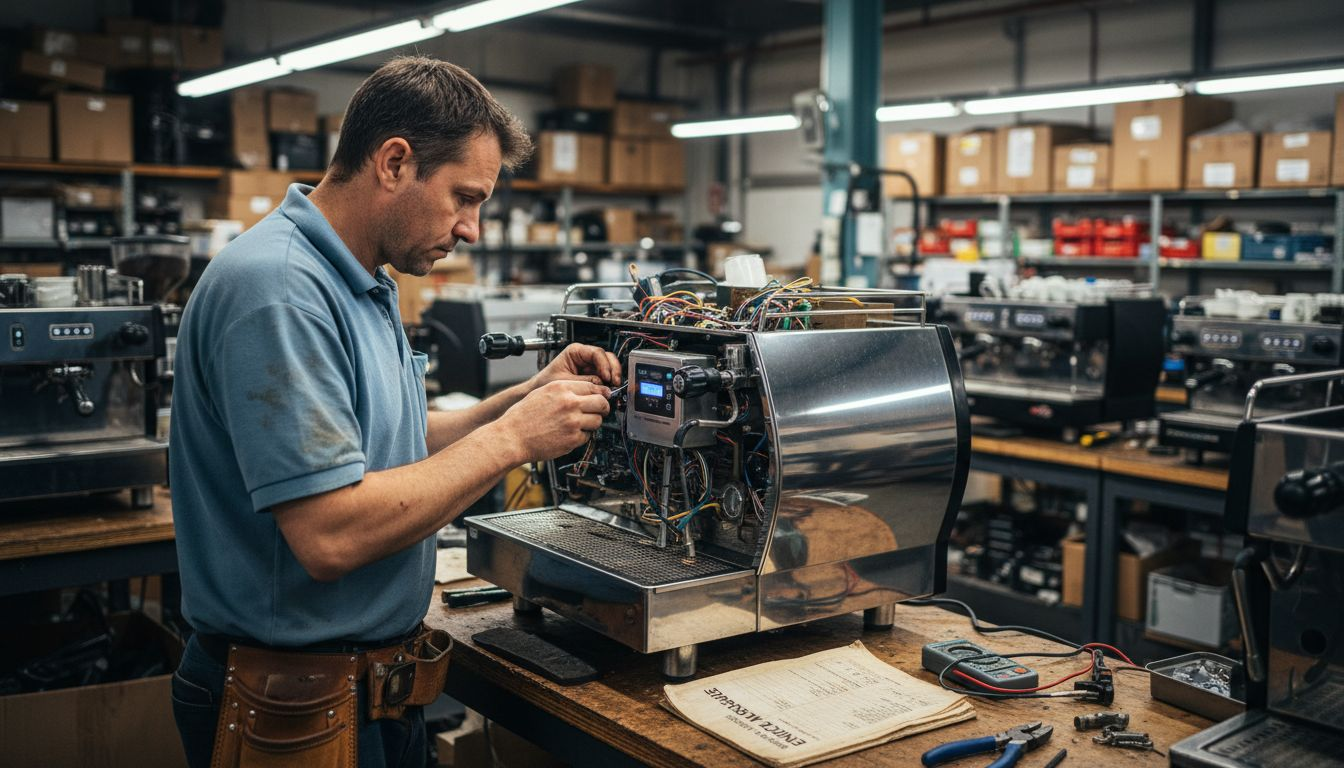Technician installing PID on espresso machine