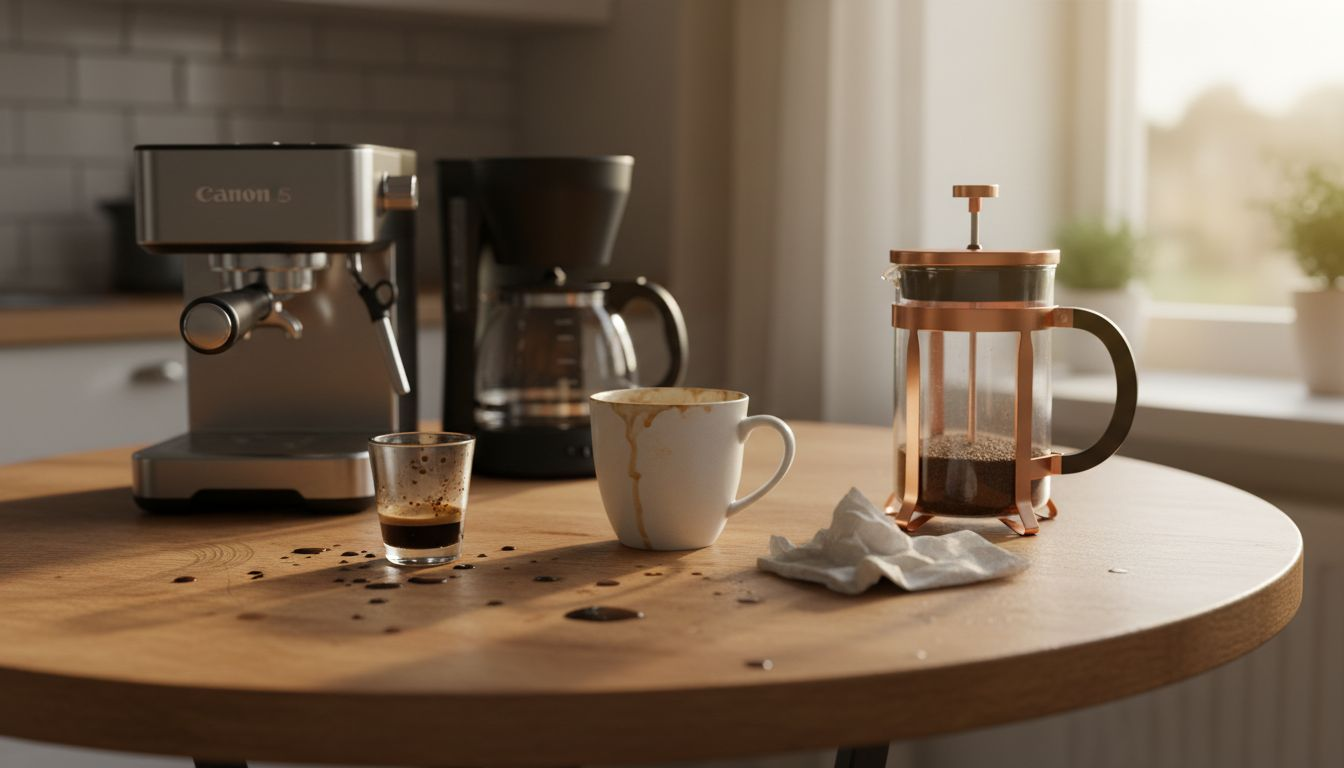 Three coffee types and their machines on table