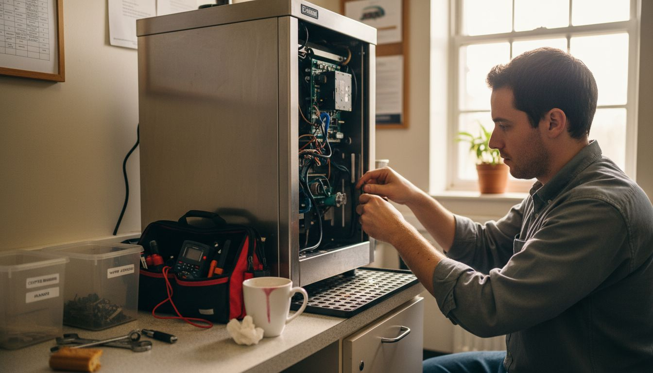 Technician upgrading coffee machine in break room