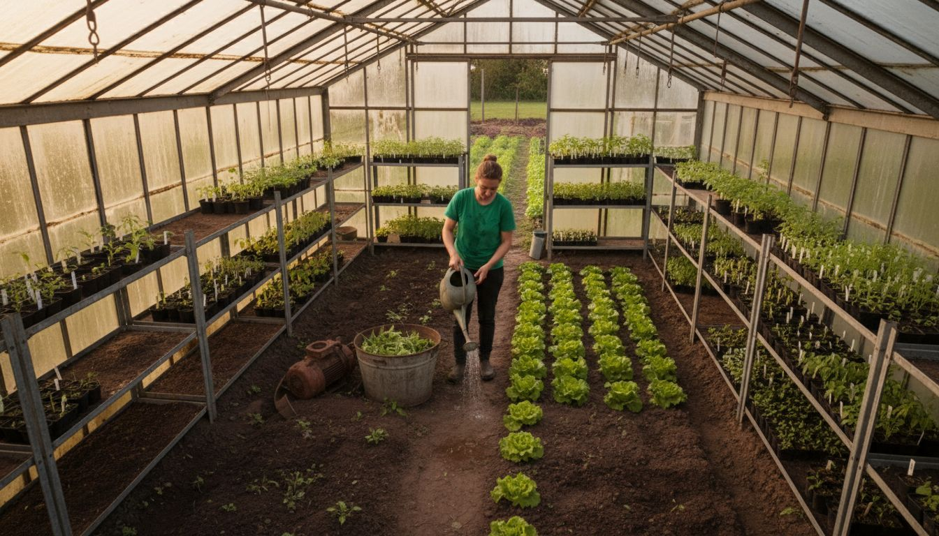 O femeie îngrijind salata și ardeii din sera sa, udând cu grijă plantele pentru a se dezvolta sănătos.