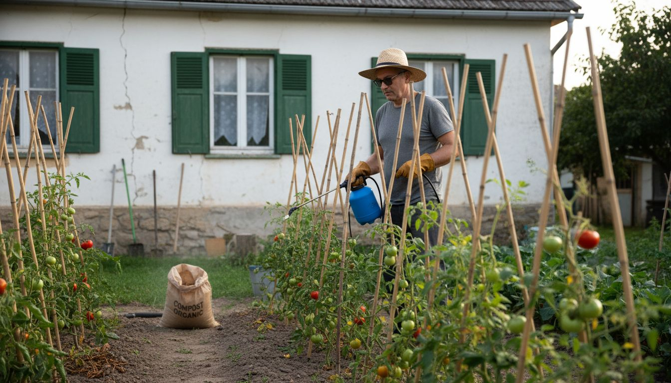 Un bărbat stropește plantele din grădină cu biopesticide naturale.
