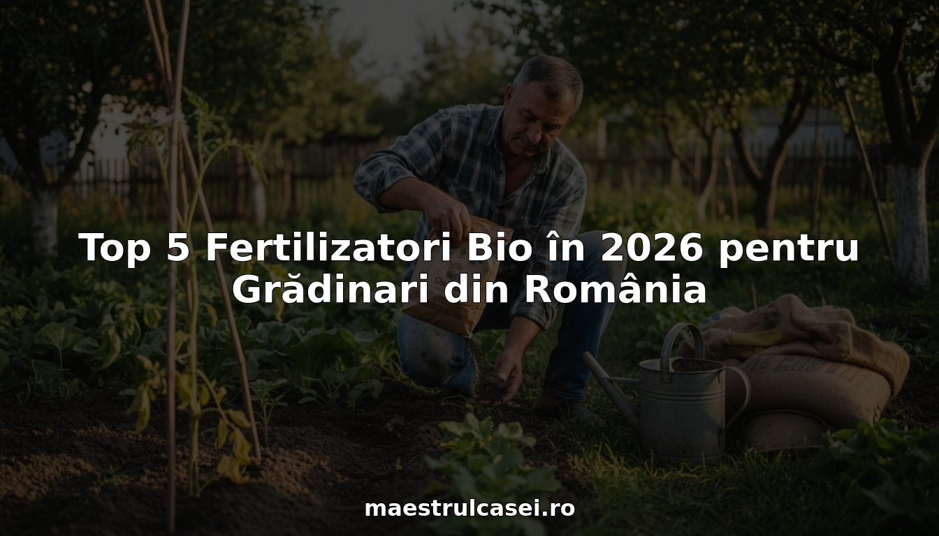 Un grădinar român împrăștie îngrășământ organic în grădină, pentru a avea legume sănătoase și o recoltă bogată.
