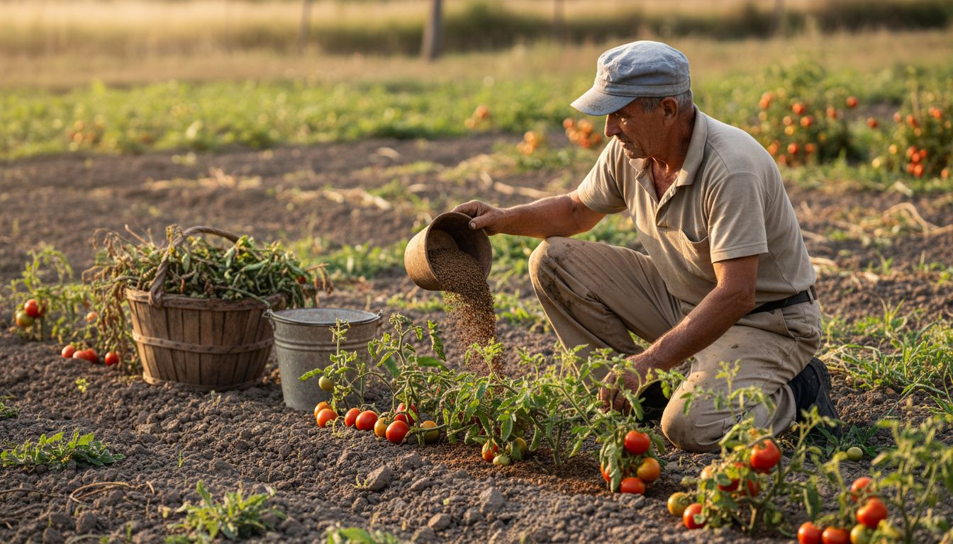 Un gospodar român care își îngrijește grădina folosind îngrășăminte naturale