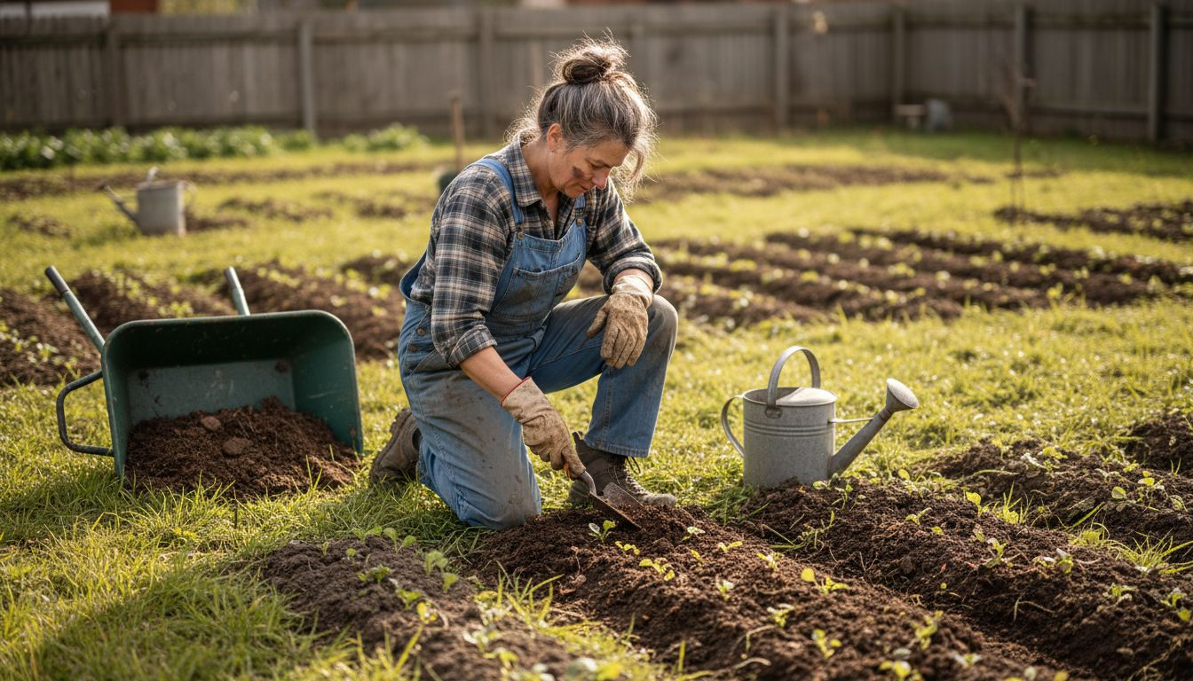 Un grădinar pregătește pământul din curte pentru a-l putea planta.