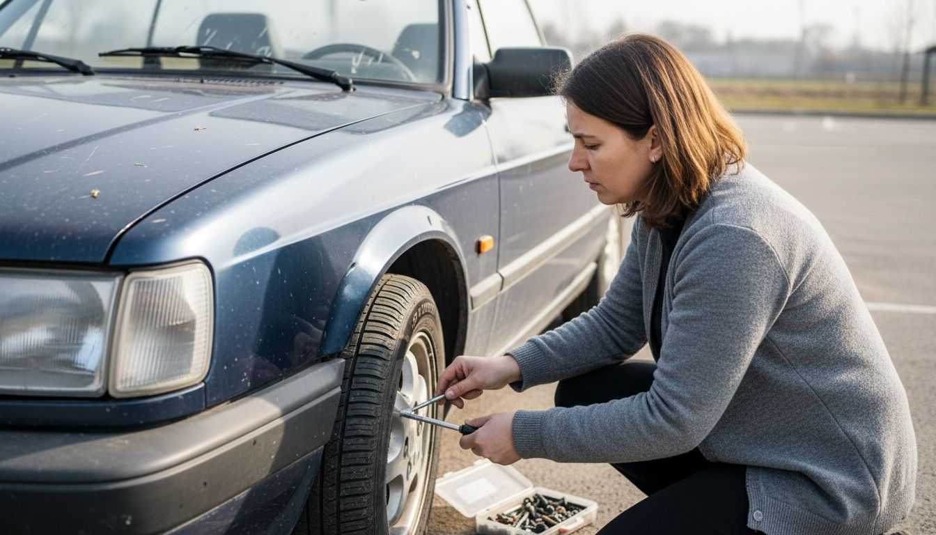 O femeie inspectează manual starea anvelopei mașinii, asigurându-se că totul este în regulă înainte de a porni la drum.