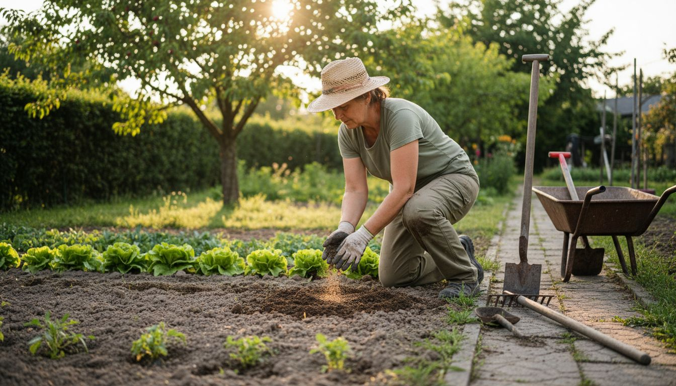 O femeie împrăștie compost în grădină, pregătind solul pentru plantele sale.