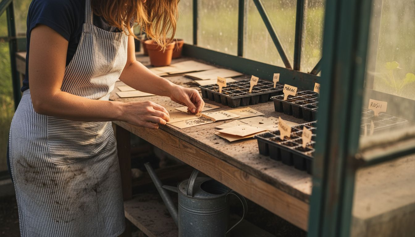 O femeie alege semințe bio de legume, așezată la o masă de lucru.