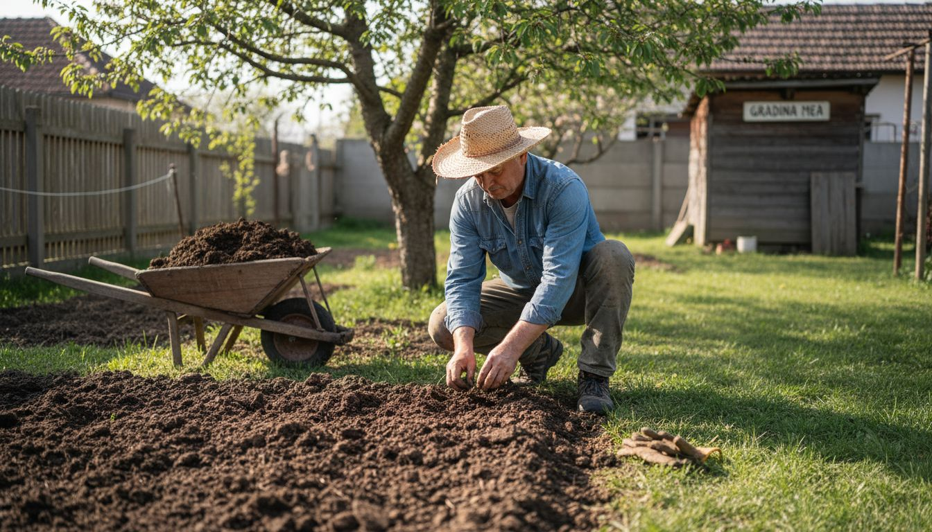 Un bărbat pregătește pământul din grădina de legume ecologice, asigurându-se că solul este bogat și sănătos pentru o recoltă cât mai bună.
