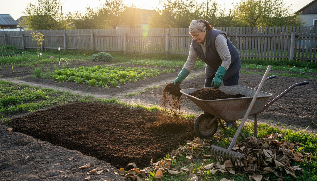 O femeie care împrăștie compost natural în grădina ei pentru a-și îmbogăți solul.