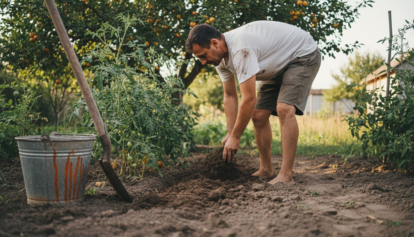 Bărbat înglobând compost în solul grădinii