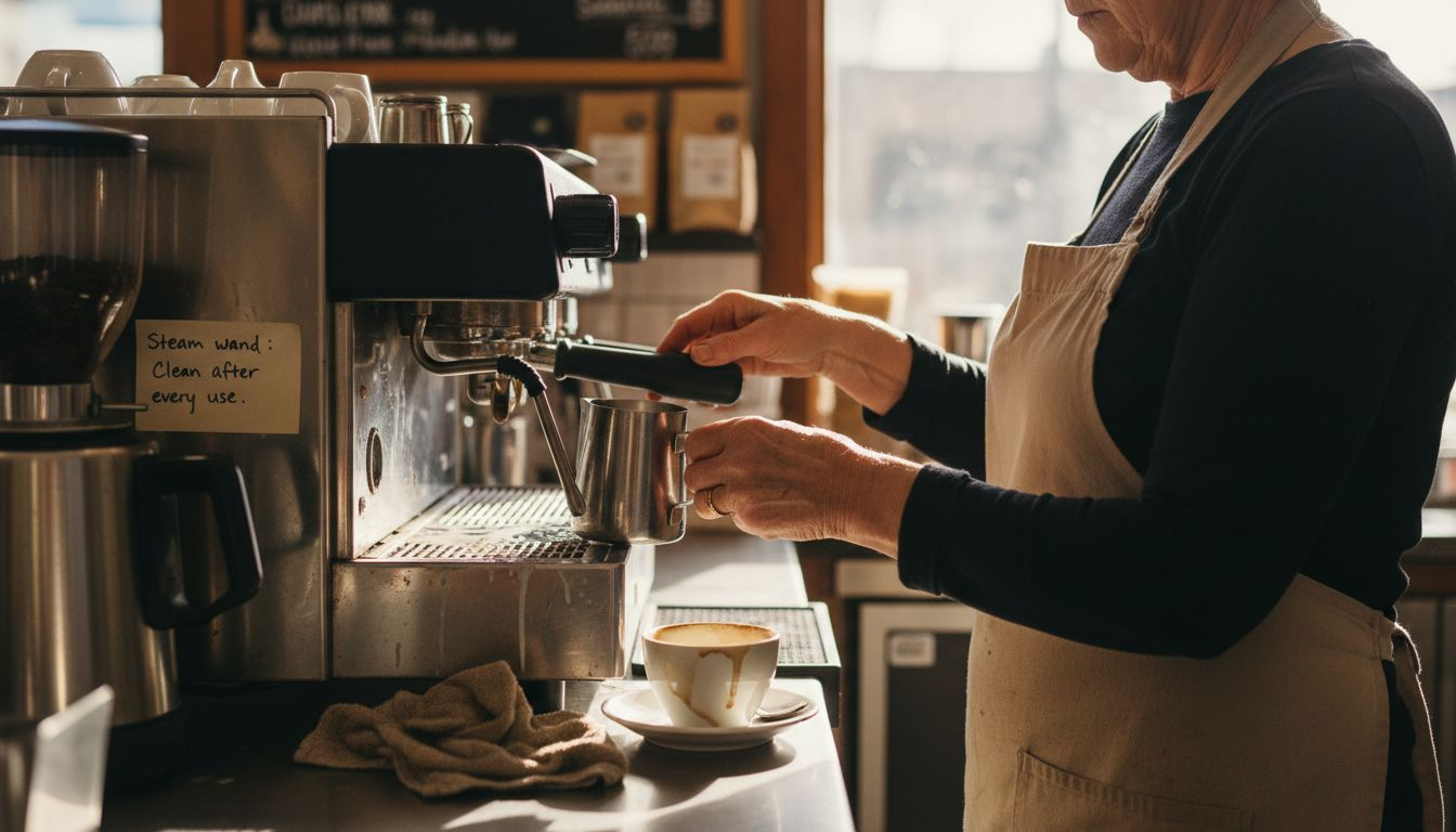 Barista using steam wand to froth milk
