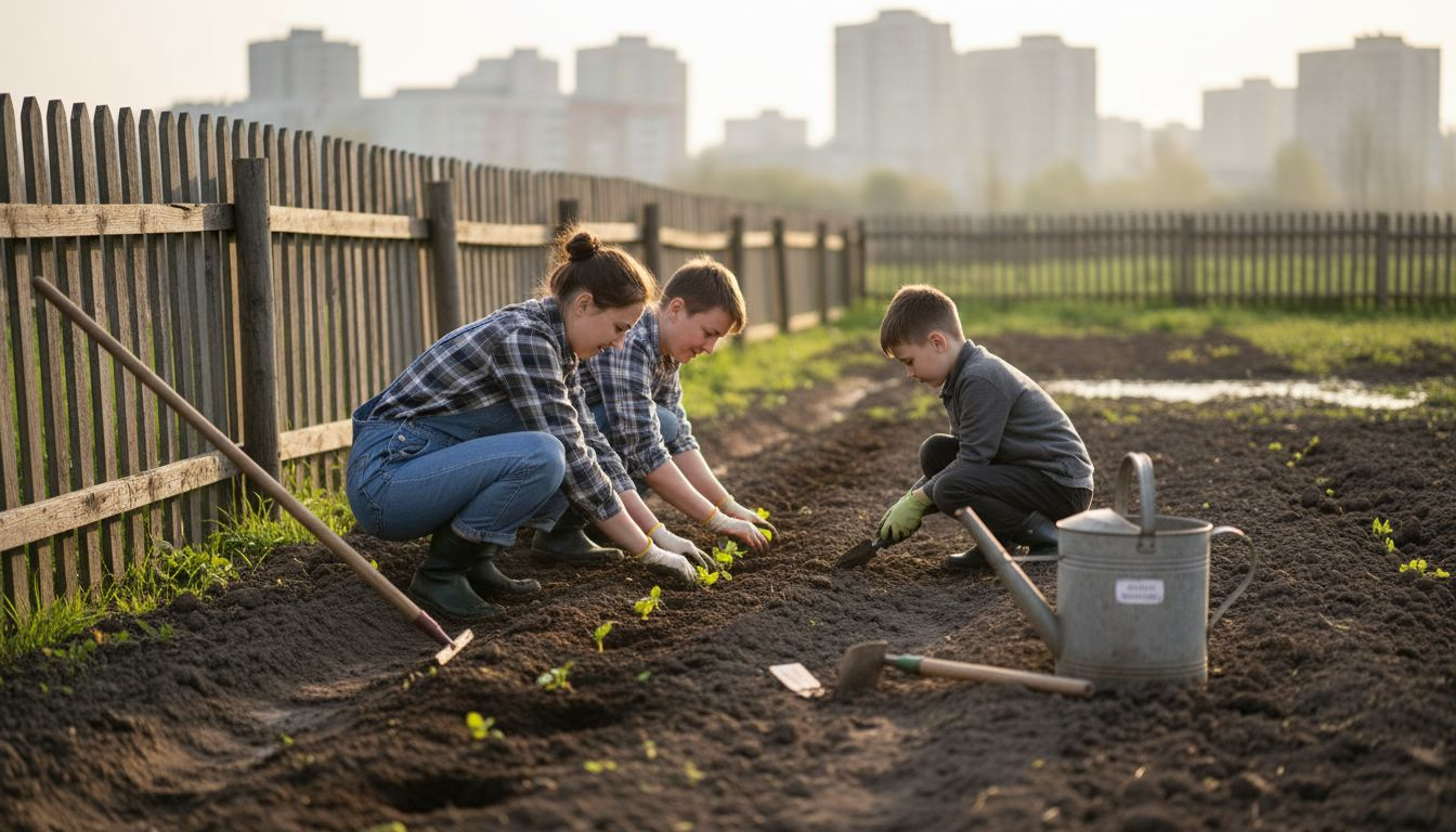 O familie își plantează răsadurile în propria grădină ecologică.