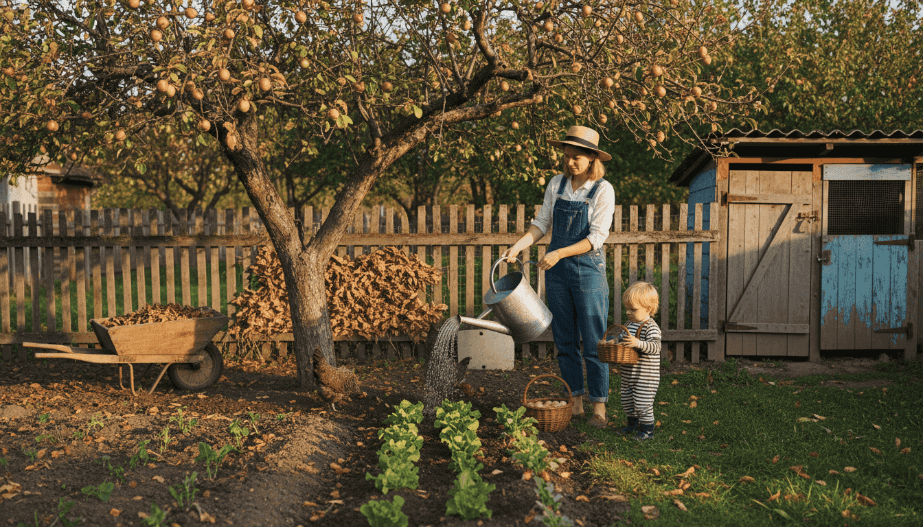 Colț de grădină ecologică plin de verdeață, unde plantele și animalele trăiesc în armonie.