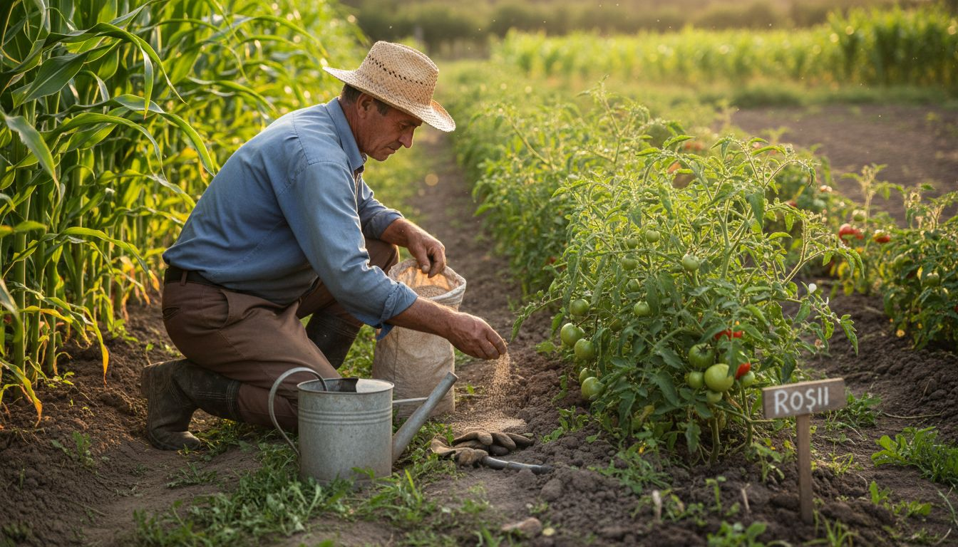 Un țăran împrăștie îngrășământ pe pământul din grădină, pentru a obține o recoltă mai bogată.