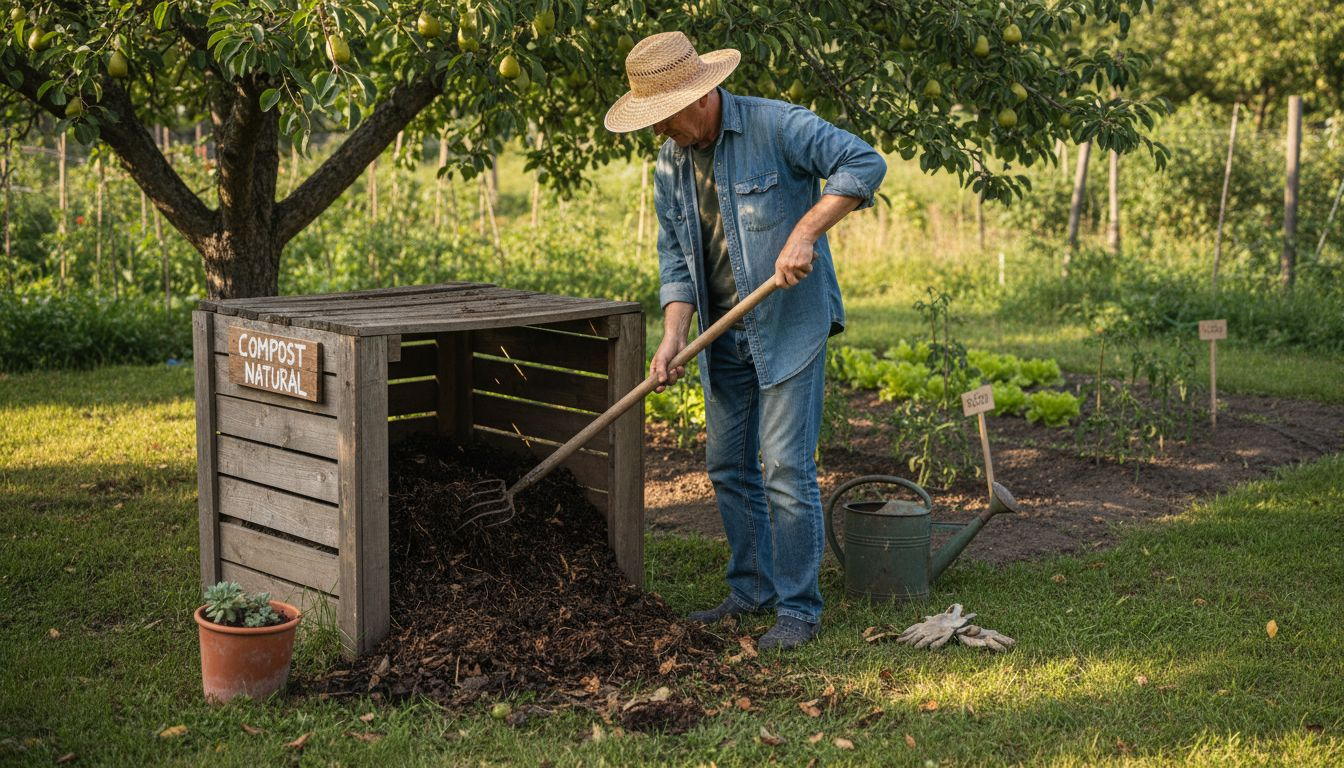 Un grădinar pregătește compost organic în curte, punând laolaltă resturi de plante și alte materiale naturale pentru a obține un îngrășământ sănătos pentru grădină.