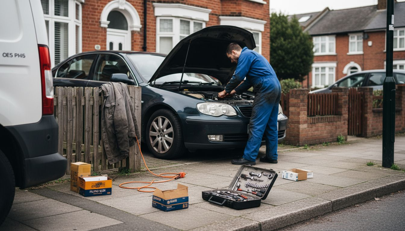 Un mecanic auto mobil intervine direct pe stradă în Londra pentru a repara mașina clienților.