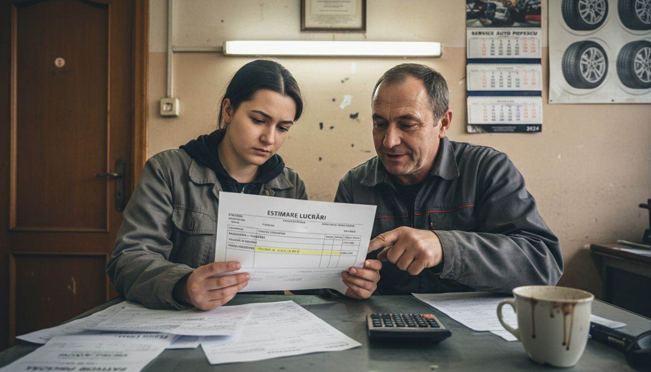 Un client român stă de vorbă cu mecanicul despre costul reparației.