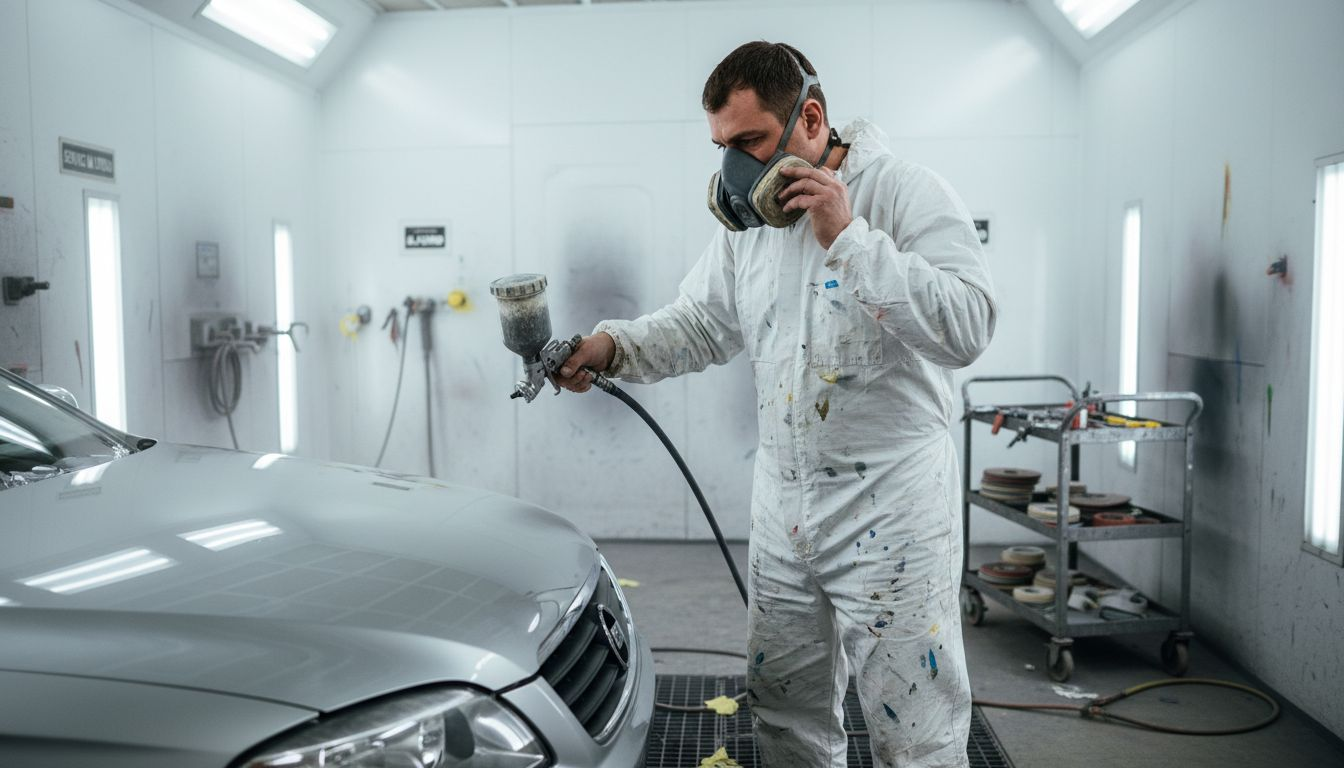 Tehnicianul aplică stratul de lac auto direct în cabina de vopsit.