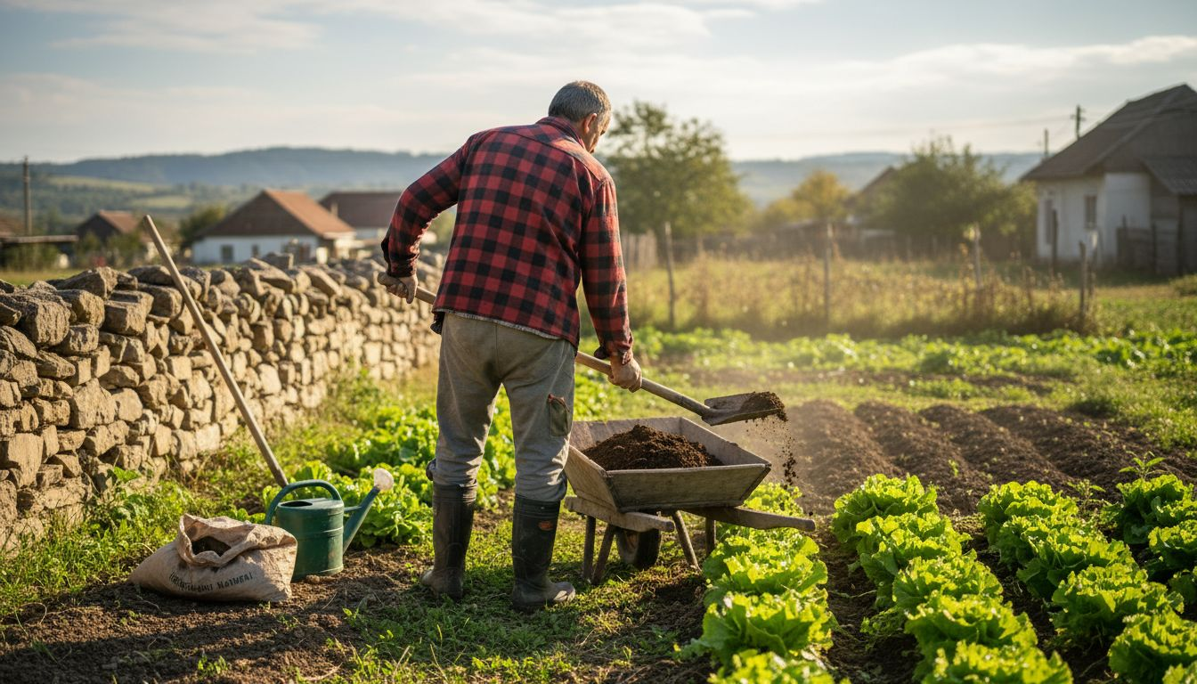 Un fermier împrăștie compost pe terenul cu legume, pregătind solul pentru o recoltă bogată.