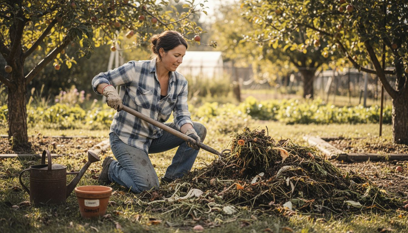 Un grădinar amestecă grămada de compost din curtea casei