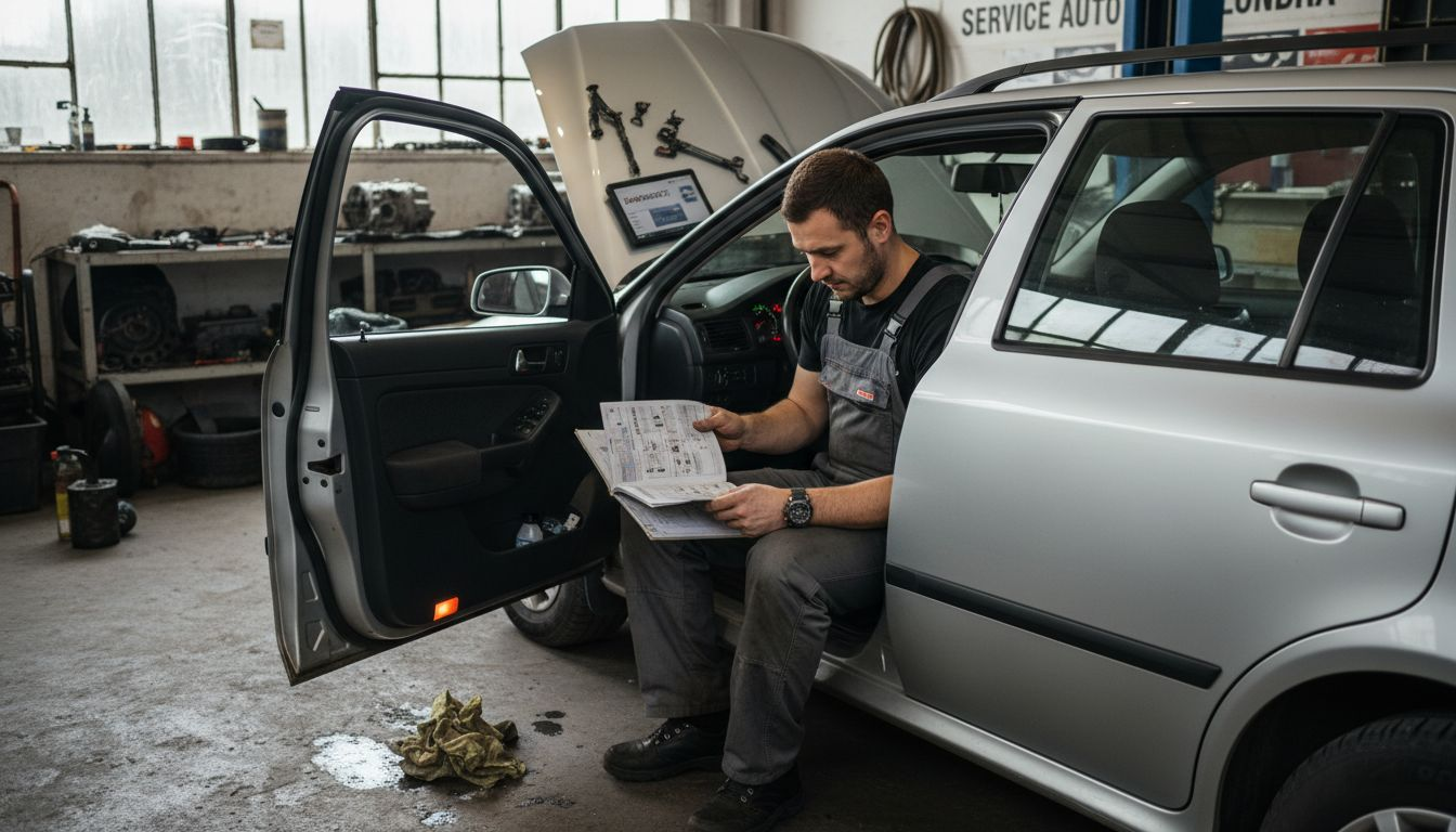 Un mecanic român verifică manualul tehnic în atelier, căutând soluții pentru o reparație.