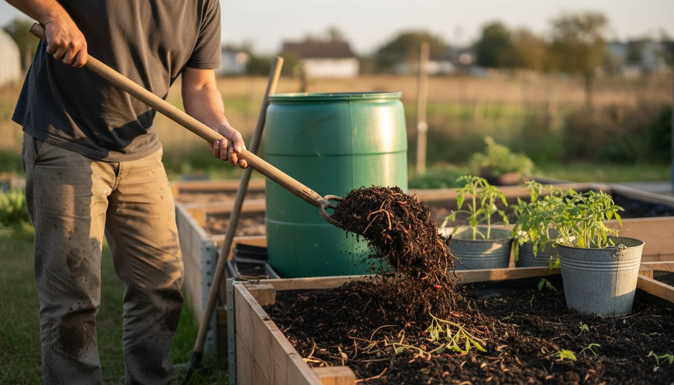Un bărbat împrăștie compost organic pe pământ pentru a-l îmbogăți.