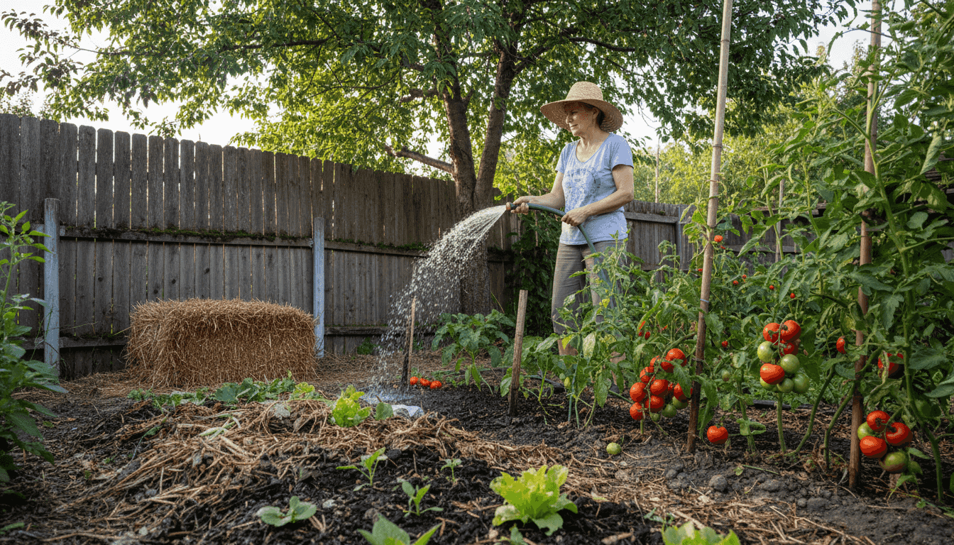 O femeie stropește plantele dintr-o grădină urbană ecologică.