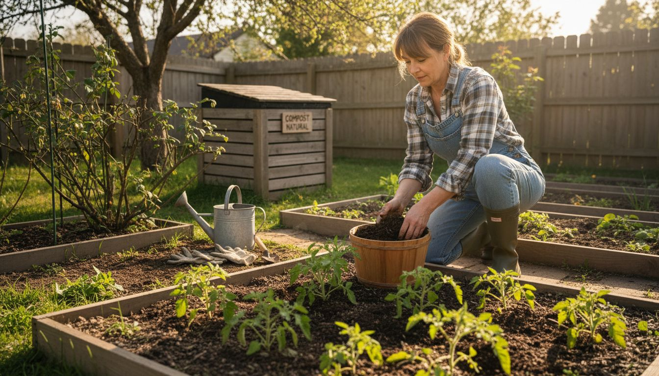 Un grădinar împrăștie îngrășământ natural în grădina din spatele casei, pentru a avea legume sănătoase și bogate.