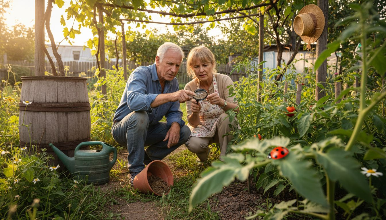 Un cuplu examinează plantele din grădină pentru a vedea dacă au apărut dăunători.