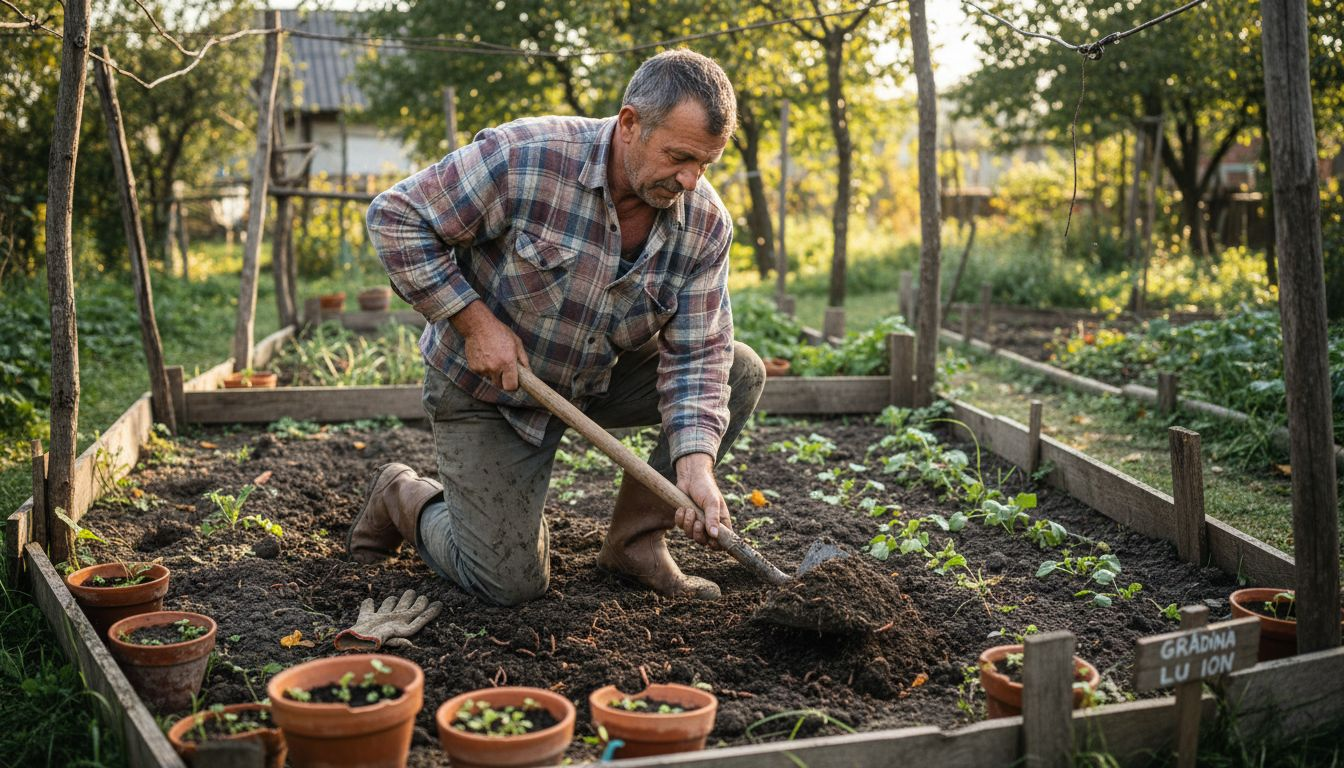 Un grădinar pregătește pământul în grădina sa ecologică, întorcând brazdele pentru a aerisi solul și a-l face mai fertil.
