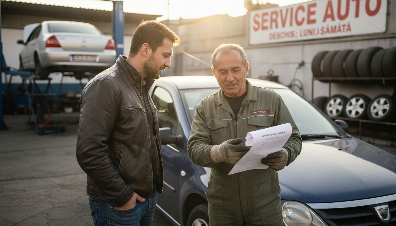 Clientul poartă o discuție cu mecanicul despre ce anume trebuie reparat la mașină.