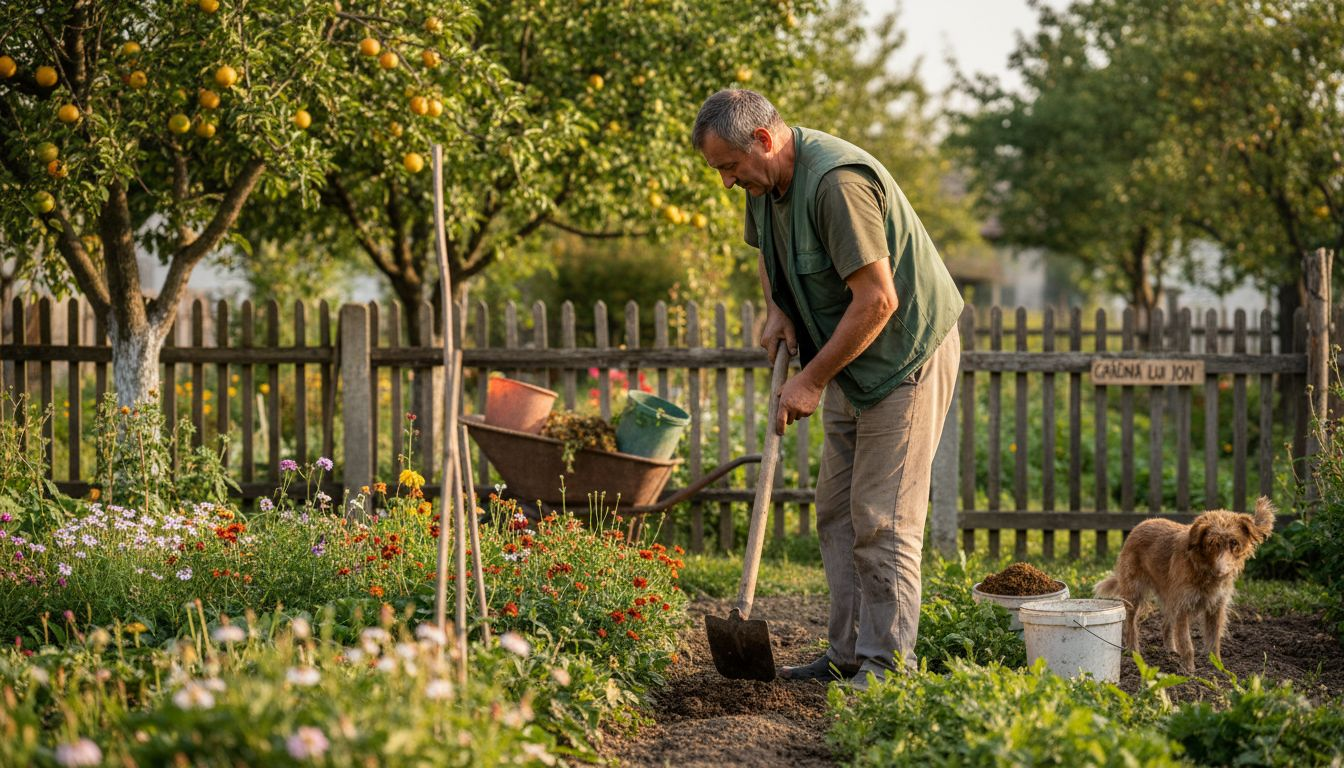 Grădinar care lucrează cu metode ecologice, fără ajutorul tehnologiei sau substanțelor chimice, doar cu mâinile și unelte simple.