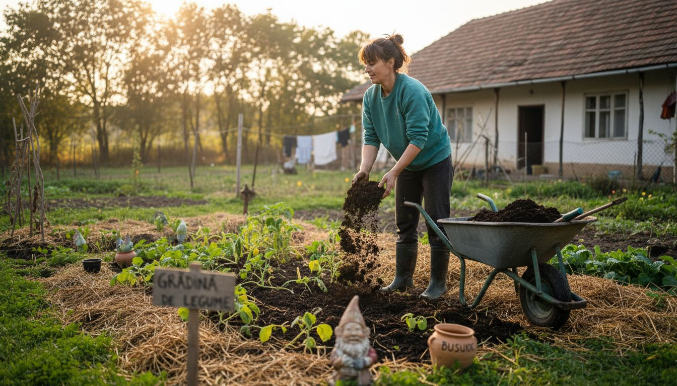 O femeie împrăștie compost în grădina de legume, pregătind pământul pentru o recoltă bogată.