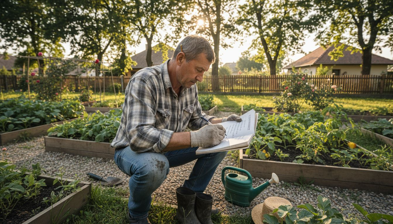 Bărbat verificând lista de sarcini pentru grădina ecologică, afară în natură