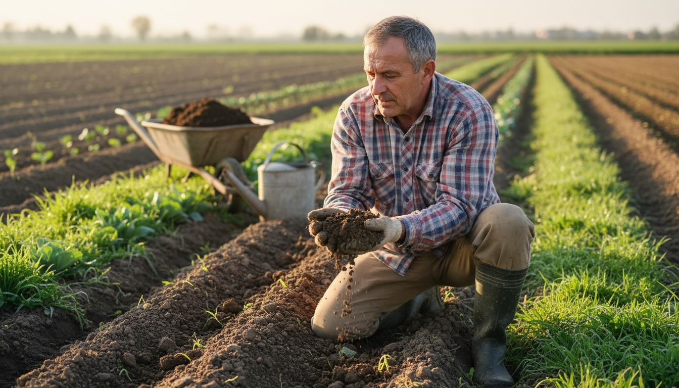 Un fermier verifică starea solului tratat ecologic, direct pe câmp.