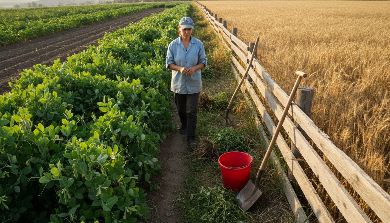Un muncitor inspectează rândurile de culturi ecologice, plantate alternativ, printre care se strecoară cu grijă.