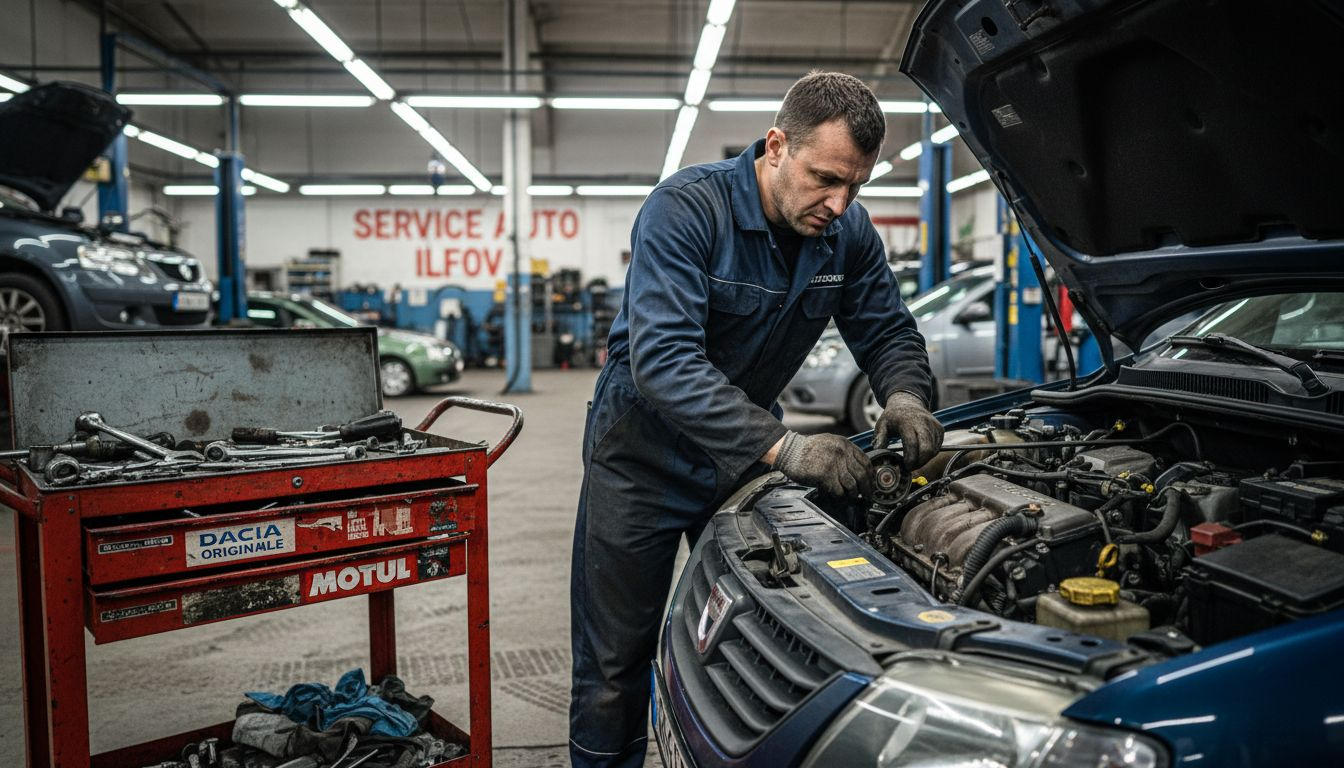 Mecanic la lucru, schimbând cureaua de distribuție în service
