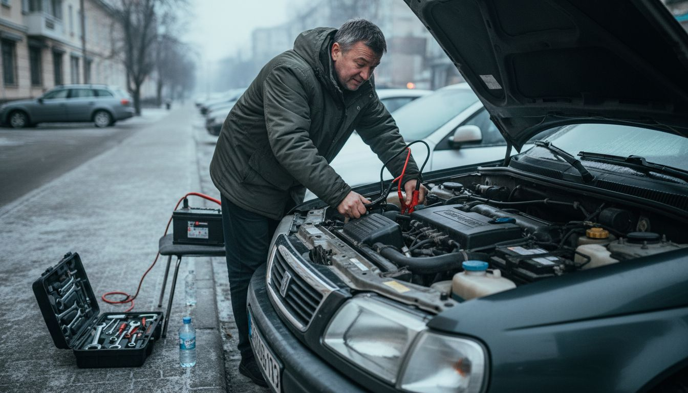 Un șofer se chinuie să pornească mașina într-o dimineață friguroasă de iarnă.