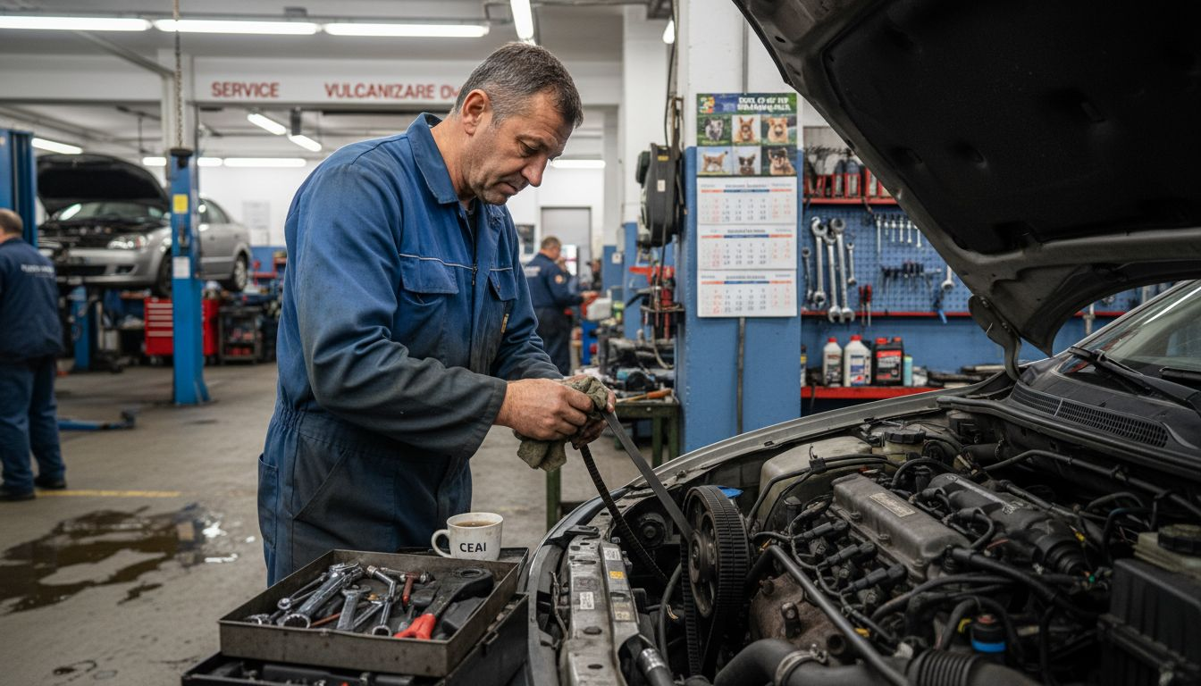 Un mecanic verifică starea curelei de la motor într-un service auto.