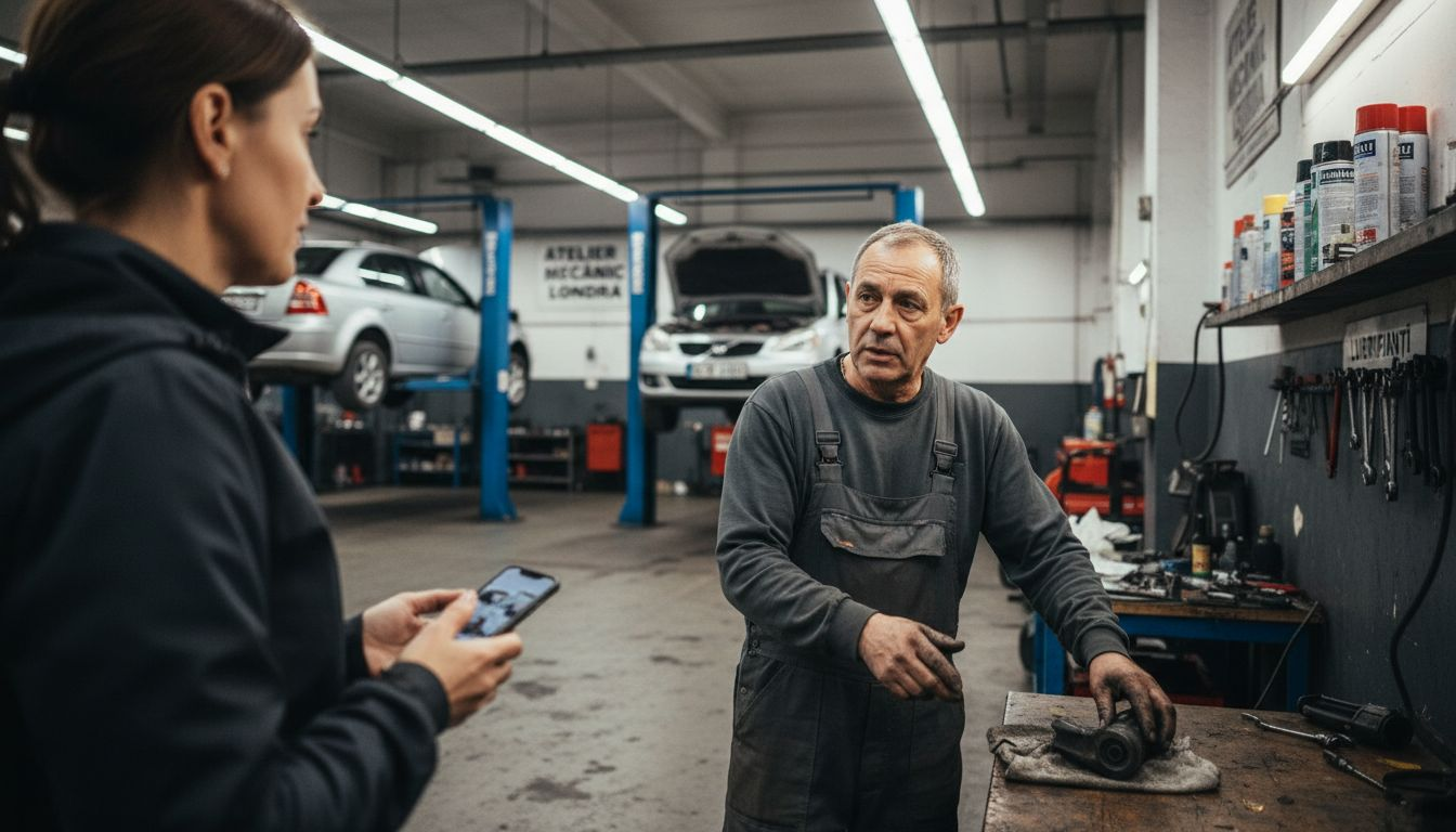 O doamnă stă de vorbă cu mecanicul la un service auto din România.