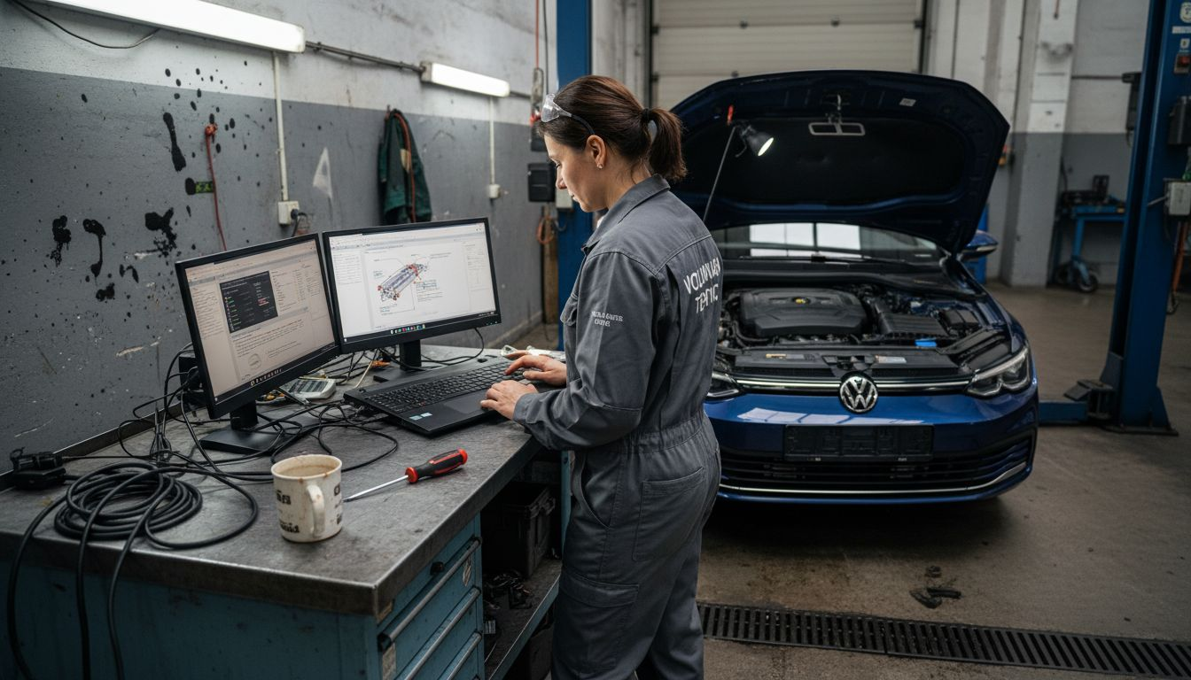 Un inginer auto verifică și supraveghează sistemele electrice ale mașinii prin diagnoză specializată.