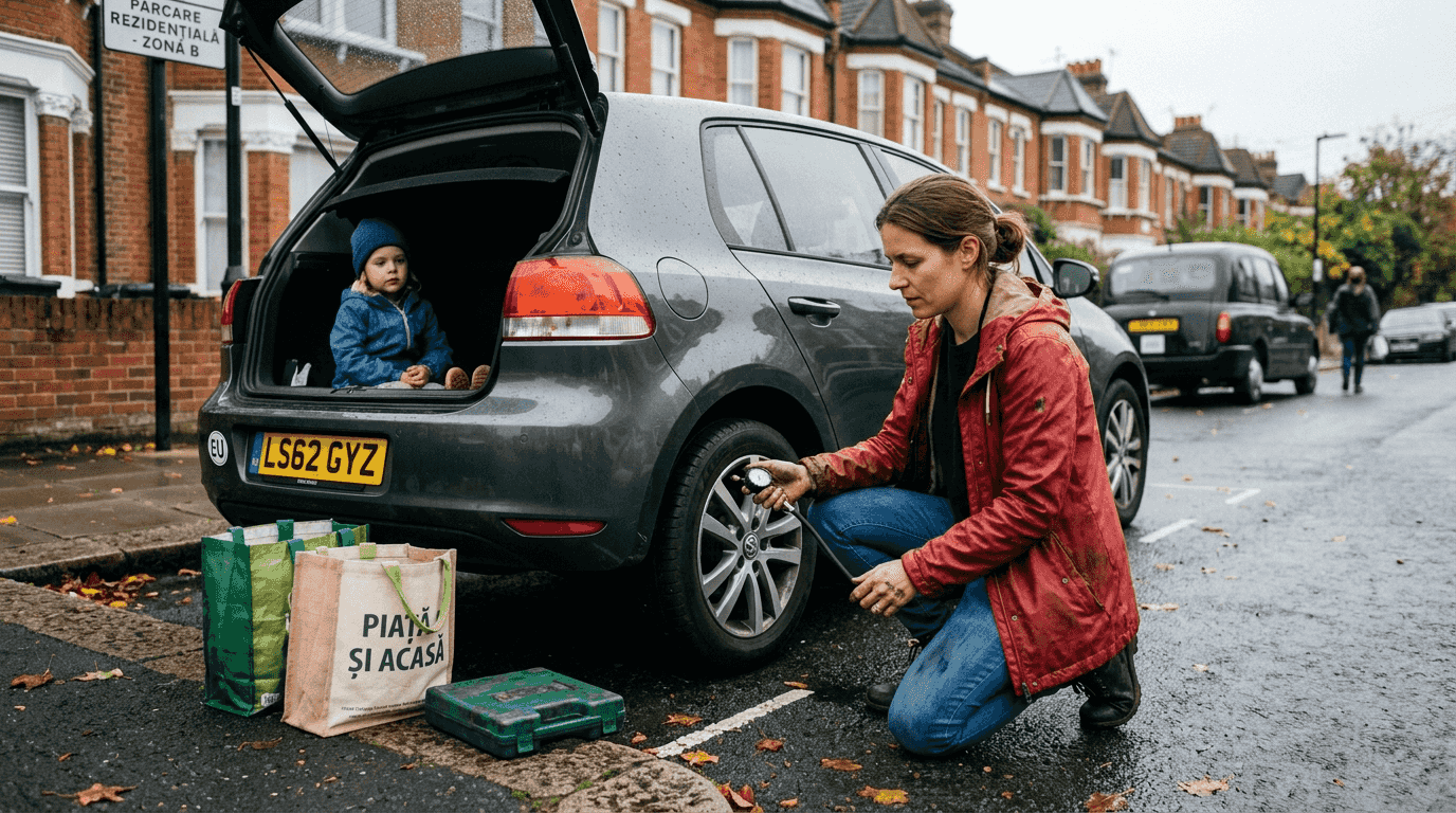 O femeie verifică presiunea roților la mașina ei, pe o stradă din Londra.