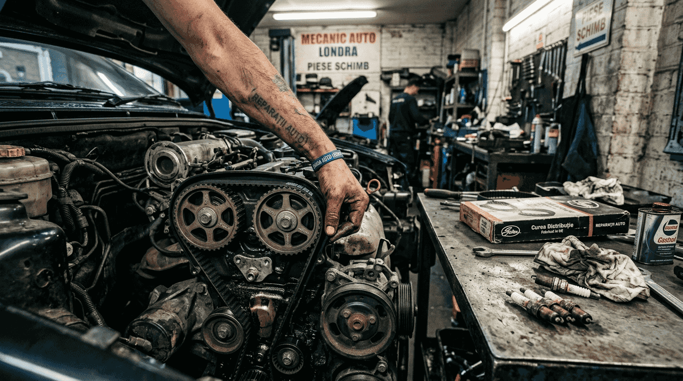 Detaliu cu montarea curelei de distribuție la motorul unei mașini